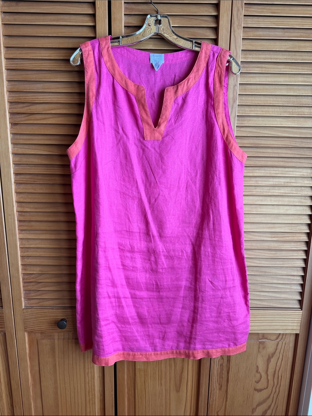 Linen SIGRID OLSEN Sleeveless Pink Tunic Top with Coral Trim